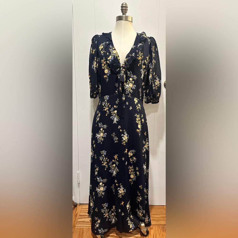 Reformation ruffle & bow neckline maxi dress